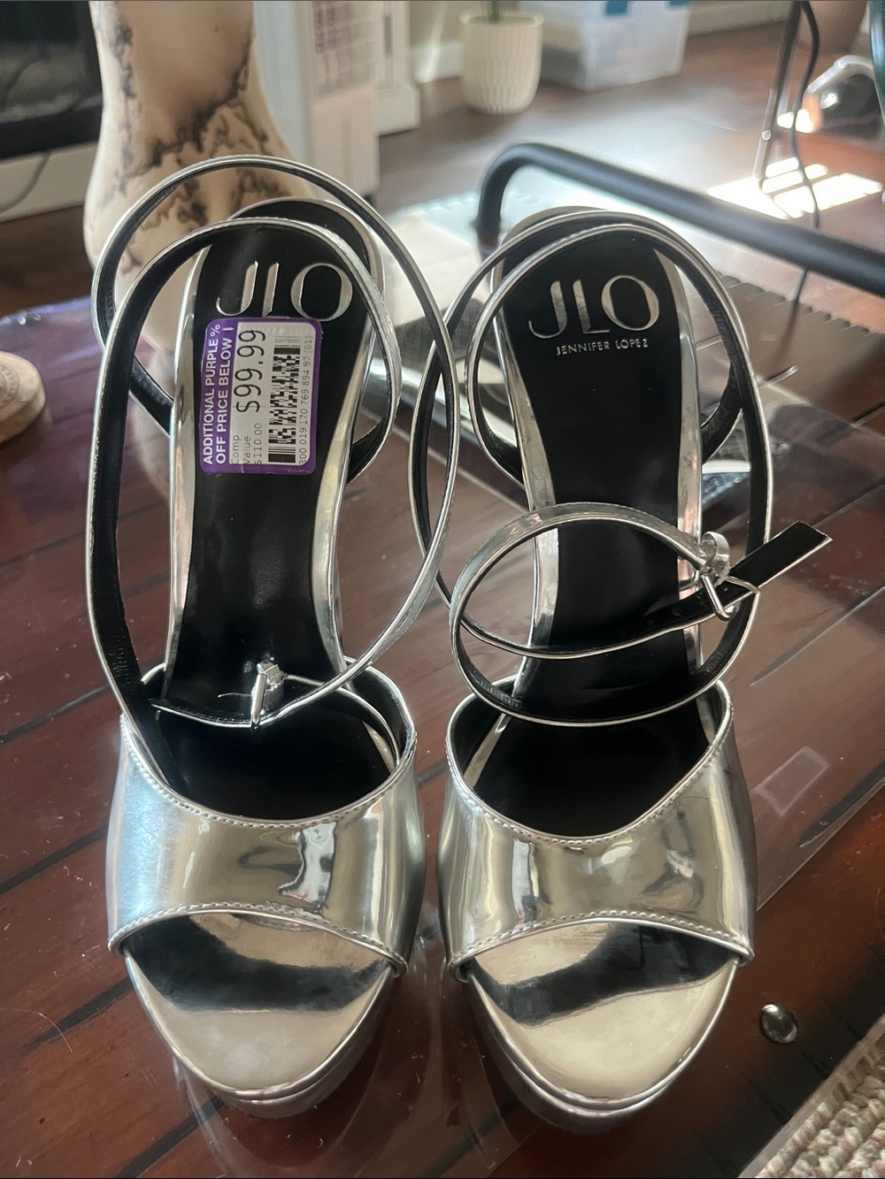 Jennifer Lopez Silver Metallic Strappy Platform Heels